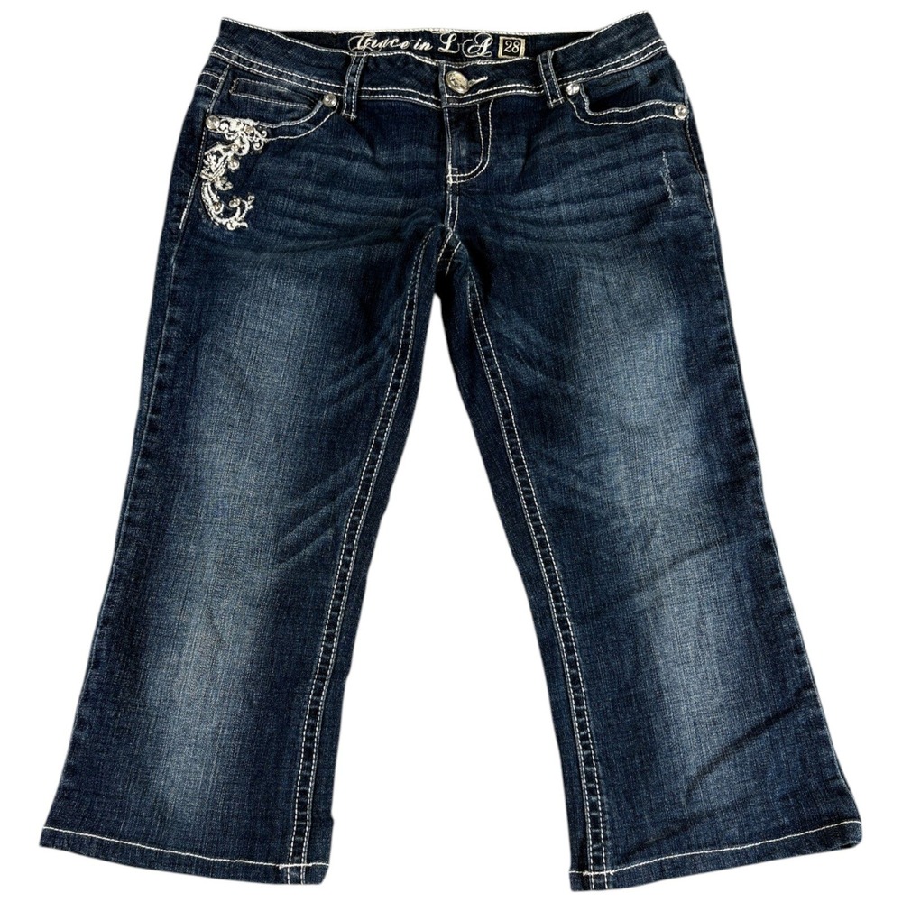 Grace in LA Capri Jeans Womens 28 Blue Whiskering Denim Dark Wash Embroidered